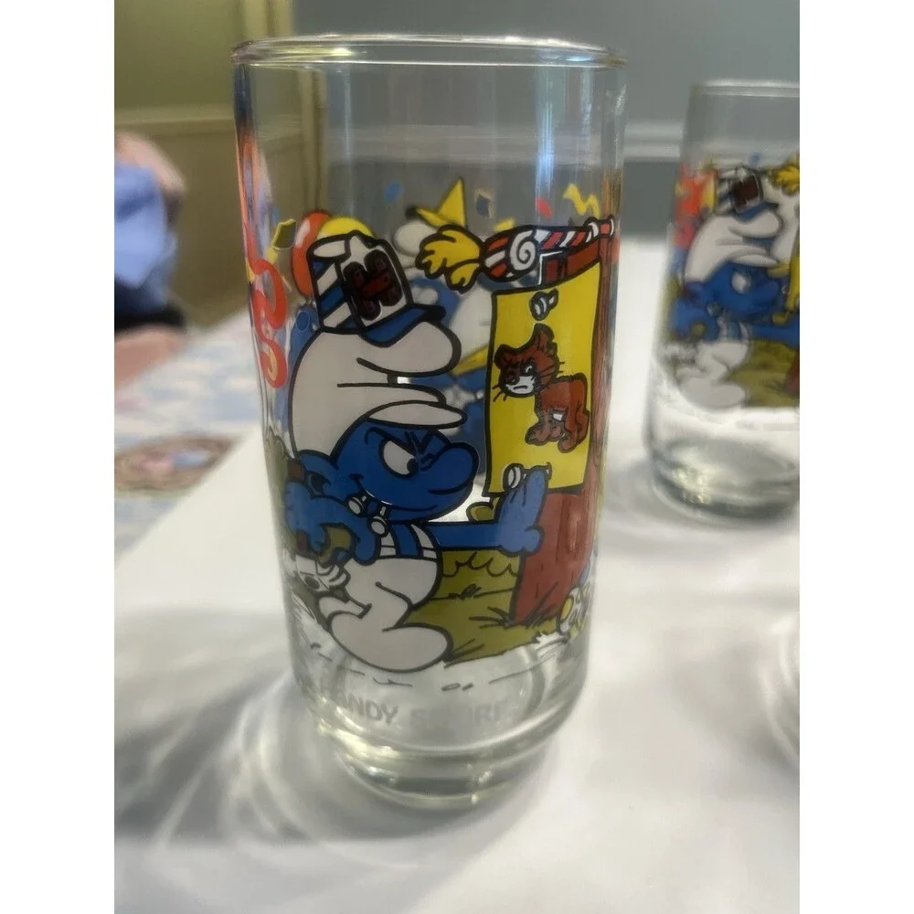 6 Vintage Collectible Smurfs Drinking Glasses Hardee's PEYO 1983 1982 Tumblers